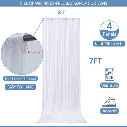 Wrinkle Free White Backdrop Curtain for Parties 20x7ft Soft Fabric Drapes Wedding White Curtain Backdrop for Birthday Party Decorations Background for Photography 5x7ft, 4 Panels