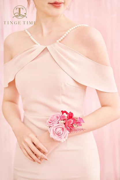 TINGE TIME Set of 2 Peach Pink Wrist Corsage Bracelets Pearl Wristlet Band Bridesmaid Bracelet for Wedding Ceremony Bridal Shower Wedding Artificial Flower Prom Hot Pink