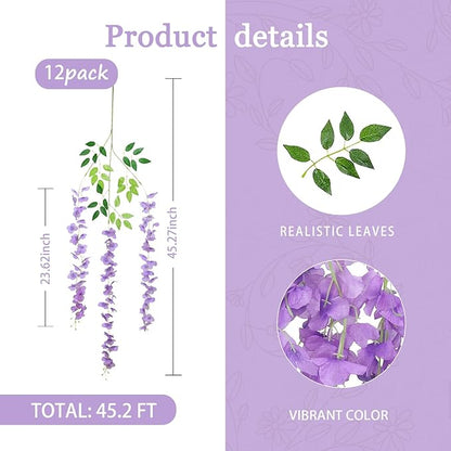 12 Pack Light Purple Wisteria Hanging Flowers Garland, 3.77 Feet Artificial Flower Vines, Fake Wisteria, Artificial Vines Hanging Garland for Backdrop Outdoor Yard Garden Decor