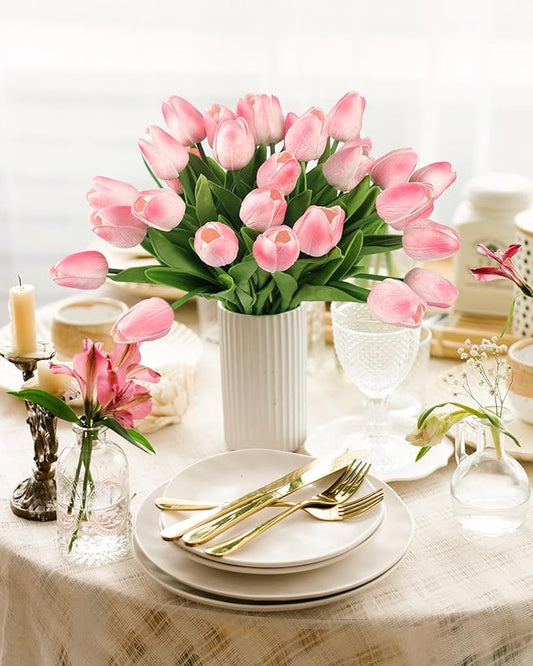 MACTING 30 PCS Artificial Tulip Flowers 13.7" Real Touch Fake PU Tulips Bouquet Faux Flowers for Floral Arrangements Table Centerpiece Kitchen Home Indoor Outdoor Summer Decorations(Peach Pink)
