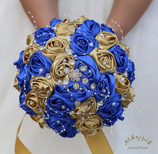 Bridal Wedding Bouquet Round Bling Brooch Bouquet Throw Toss Artificial Rose Flower Bunch for Bride Bridesmaid Wedding Quinceanera(Royal Blue & Gold, 7.5")