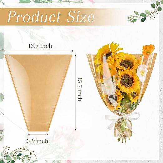 CLUEWR 50 PCS Flower Bags for Bouquets, Floral Wrapping Sleeves with Ribbons Florist Wrap Supplies, 15.7 x 13.7 Inches