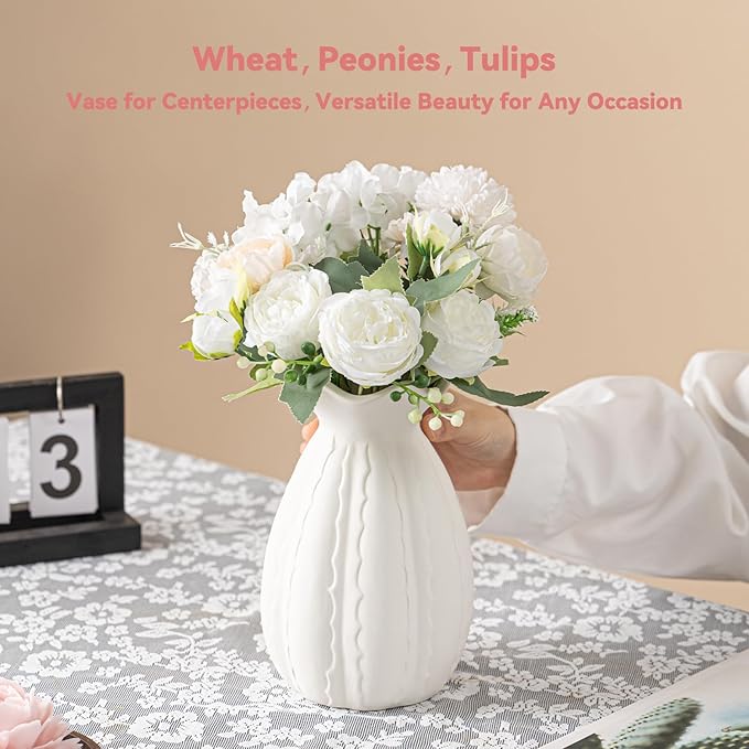 White Ceramic Vase with Ruffled Rim & Scalloped Texture - 8.5" Unique Flower Vase for Pampas Grass & Centerpieces, Decorative Boho/Farmhouse Vase for Living Room, Office Desk & Gift for Her/Yourself