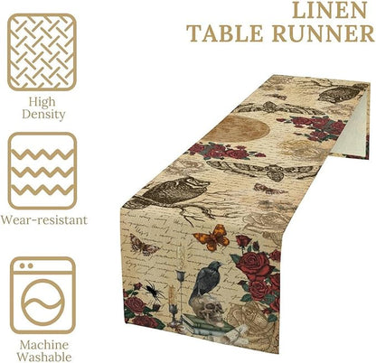 Gothic Floral Table Runner, Retro Dark Skull Moth Vintage Flower Halloween Day of Death Witchy Coffee Table Center Decor for Home Kitchen Dining Patio Holiday Party Table Decorations 13x36 inches