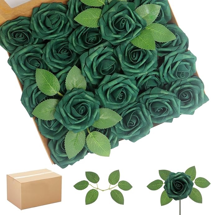 200Pcs Peacock Green Artificial Flowers Roses Real Looking Foam Fake Roses with Leaves for DIY Wedding Bouquets Bridal Shower Party Decorations (Peacock Green, 200)