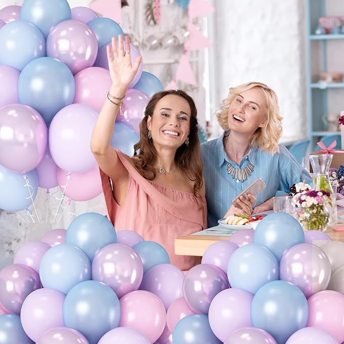 Pink Purple Blue Balloon 60Pcs 12 Inch Metallic Pastel Balloon Iridescent Pearl Pink Blue Purple Party Balloons for Girls Mermaid Snowflake Princess Birthday Baby Shower Party Decoration