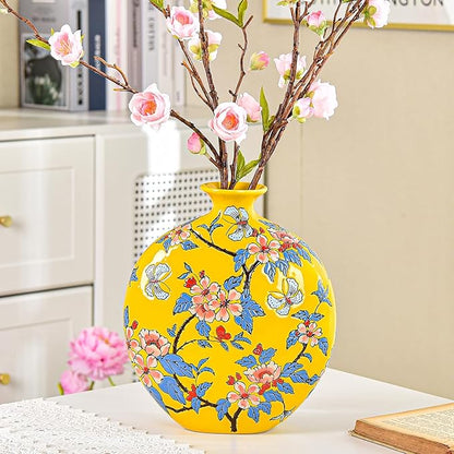 Sungmor High-Class Enamel Painted Porcelain Vase, Traditional Hand-Carved Overglaze Color Ceramic Vase for Fresh Flowers Dried Plants Arrangement, Decorative Vase for Centerpieces, Shelf, Living Room