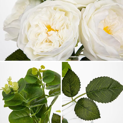 Hollyone Real Touch Peonies Artificial Flowers Arrangements in Vase White Fake Peonies with Glass Vase Silk David Austin Roses Faux Flowers with Clear Faux Water Bouquet Table Centerpiece Home Decor