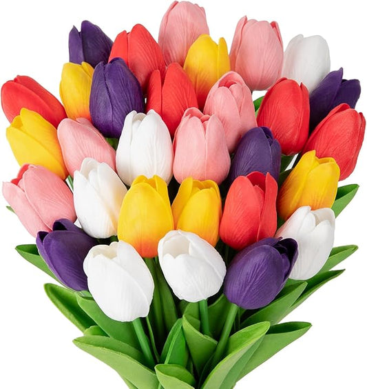 MACTING 30PCS Artificial Tulip Flowers 13.7" Fake Flowers Real Touch Faux PU Tulips Bouquet for Floral Arrangement Table Centerpieces Kitchen Home Kitchen Indoor Outdoor Summer Decor(Multi Colors-2)