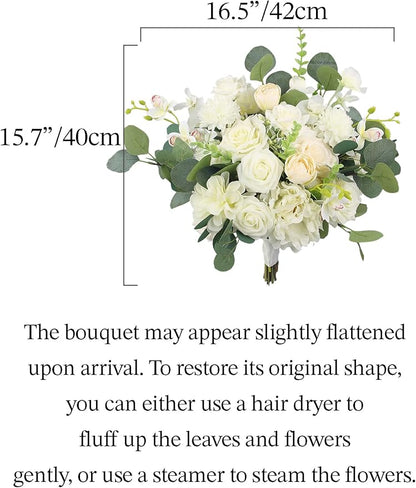 Rinlong 16.5 Inch Wedding Bouquets for Bride White Sage Green Bridal Bouquet for Wedding Silk Real Touch Artificial Flowers
