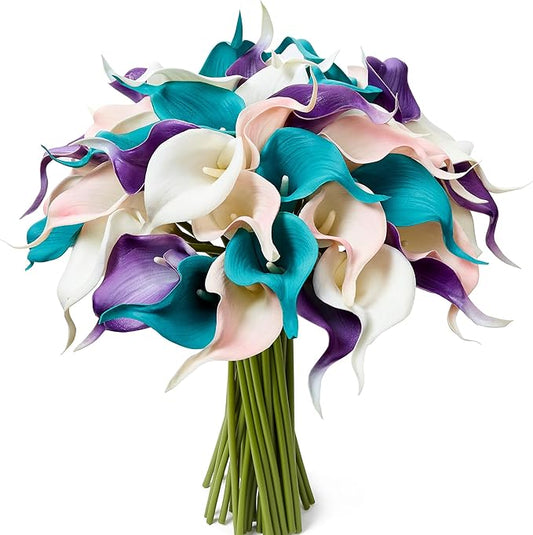 24 Pcs Artificial Calla Lily Flowers Colorful Fake Silk Flowers Real Touch for Wedding Bouquet Office Home Kitchen Decor
