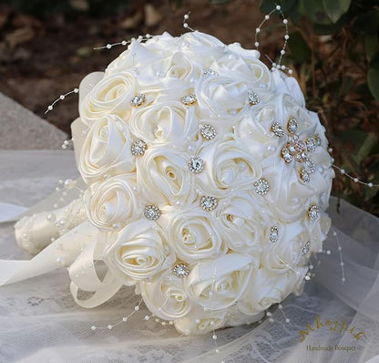 Bridal Wedding Bouquet Round Bling Brooch Bouquet Throw Toss Artificial Rose Flower Bunch for Bride Bridesmaid Wedding Quinceanera(Ivory, 9.8")