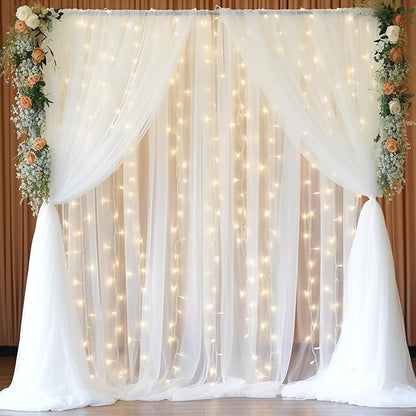 20x8ft White Tulle Backdrop Curtain with Lights String for Parites, Sheer Backdrop Curtains for Wedding Baby Shower Birthday Party Photo Shoot Decorations