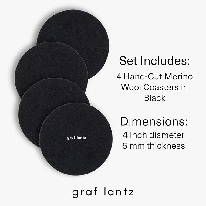 Graf Lantz - Bierfilzl Merino Wool Round Coasters Set of 4 - Black (4" Circles) - Absorbs 30% of Weight - German Wool - Heat Resistant, Sustainable, & Reusable - Home Decor & Coffee Table Decor