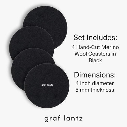 Graf Lantz - Bierfilzl Merino Wool Round Coasters Set of 4 - Black (4" Circles) - Absorbs 30% of Weight - German Wool - Heat Resistant, Sustainable, & Reusable - Home Decor & Coffee Table Decor
