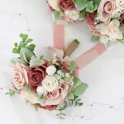 Set of 2 Bridesmaid Bouquets for Wedding - 7 Inch Artificial Flowers Bouquets for Ceremony Anniversary Centerpieces Decorations - Pink and White