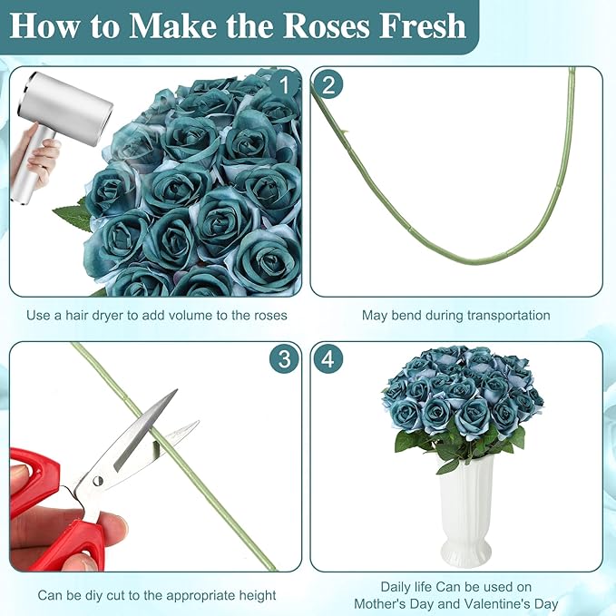 80 Pcs Roses Artificial Flowers, Silk Gradient Blue-Green Artificial Flowers Petals Long Stem Roses for Wedding Bouquet Home Party Decor