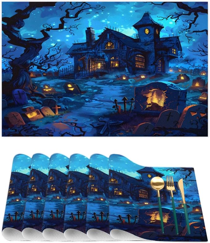 Halloween Castle Scary Blue Placemats Set of 6 PVC Vinyl Non Slip Table Mats Heat Resistant Place Mats Washable Wipeable Dining Table Mat for Kitchen Decor Party Indoor Outdoor Decorative Gift