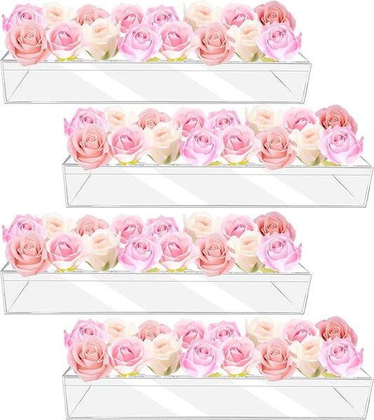 4Pcs Acrylic Flower Vase with 64 Holes,63 inch Decorative Long Clear Vase Modern,Rectangular Acrylic Vases Clear Floral Centerpiece for Dining Table Reception Home Party Decorations