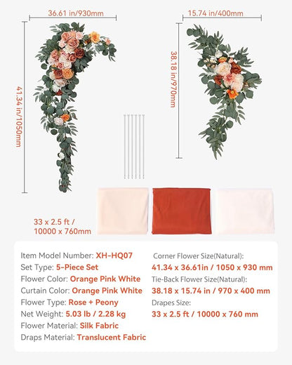 VEVOR Artificial Wedding Arch Flowers Kit, Orange Wedding Arch Flowers with Drapes Kit (Pack of 5) - 2 Pcs Floral Arrangement, 3 Pcs Sheer Drapes, for Ceremony Bouquets Reception Backdrop Decoration