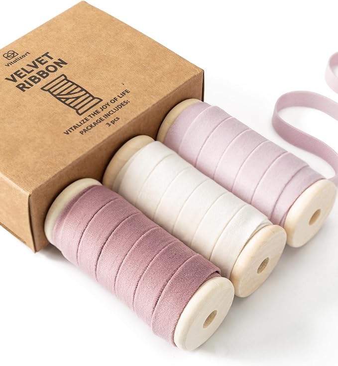 Vitalizart Velvet Ribbon Pink White Set 3/8" x 15 Yd Wooden Spool Fabric Trim 3 Rolls * 5 Yd for Christmas Wreath Decoration Handmade Craft Ornaments Gift Wrapping & Bow Making