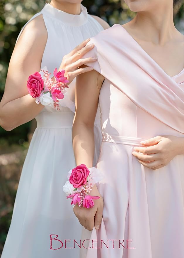 Hot Pink Wrist Corsage for Wedding(Set of 6), Wrist corsages for Prom,Party Prom Hand Flower Decor,Mother of The Bride Corsage,Bridesmaid Wrist Corsage