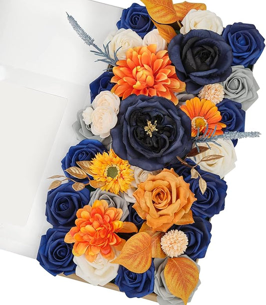 TINGE TIME Artificial Flowers Burnt Orange & Navy Blue Flower Combo for DIY Wedding Bouquets Table Centerpieces Arrangements Party Baby Shower Home Fall Decorations