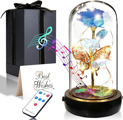 Birthday Rose Flower Gifts for Women, Mothers Day Glass Rose Gift for Mom from Daughter Son, Light Blue Rose in Glass Dome with Music Box, Light Up Rose in Dome for Her Wife Grandma
