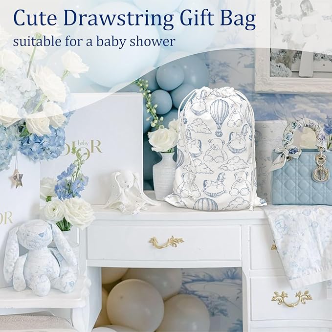 DSHFG Light Blue Chinoiserie Birthday Drawstring Gift Wrap Bags, Cute Chinoiserie Toy Bear Baby Shower Drawstring Gift Bags Canvas, Blue and White Small Happy Birthday Bag, 10x13 Inch