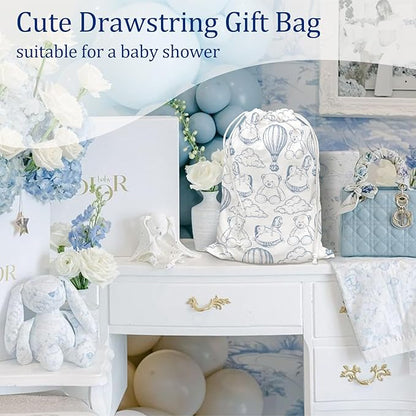 DSHFG Light Blue Chinoiserie Birthday Drawstring Gift Wrap Bags, Cute Chinoiserie Toy Bear Baby Shower Drawstring Gift Bags Canvas, Blue and White Small Happy Birthday Bag, 10x13 Inch
