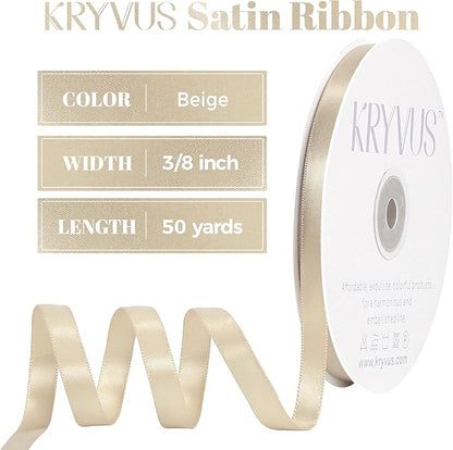Beige Satin Ribbon, Double Faced 3/8 Inch X 50 Yards Beige Ribbon, Premium Satin Ribbon for Gift Wrapping, Crafts, Hair Bow Making, Sewing, Flower Bouquet, Wedding Party Decor