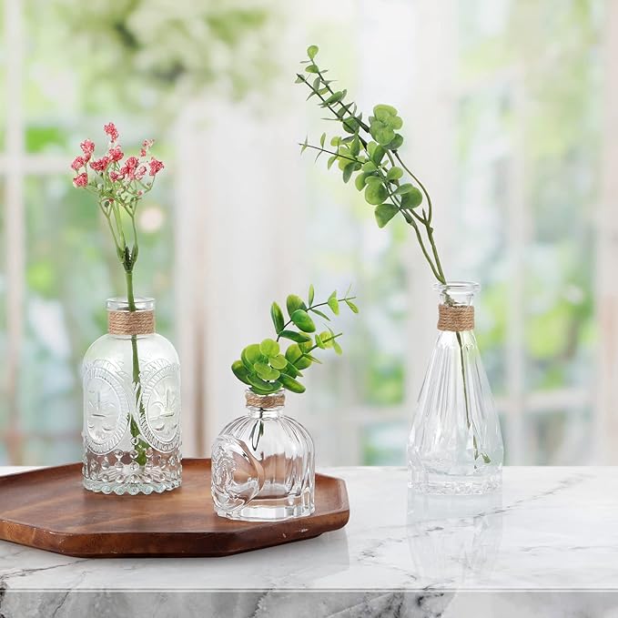 MDLUU Glass Bud Vases, Decorative Glass Bottles, Vintage Embossed Different Shapes for Wedding Centerpiece, Party, Home Decor, Set of 10 Clear