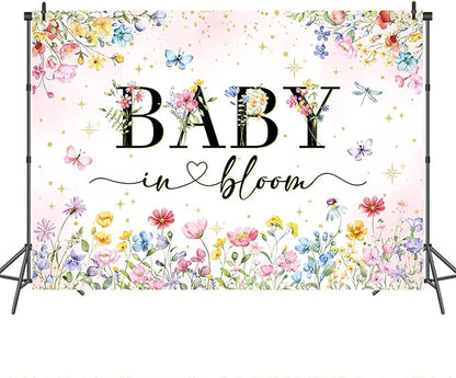 Mocsicka Wildflower Backdrop Baby in Bloom Floral Baby Shower Decorations Girls Butterfly Golden Dot A Little Wildflower is On The Way Decorations for Baby Shower Background Banner