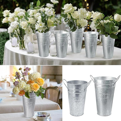 6 Packs 8 & 10 Inch Tall Galvanized Metal Flower Vases with Handles, Metal Flower Buckets for Cut Flowers, Country Wedding, Table Centerpiece Decorations(Sliver)