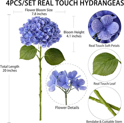 4 Pcs 20 '' Real Touch Hydrangeas Royal Blue Artificial Hydrangeas Flowers Faux Latex Hydrangea for Kitchen Living Room Porch Home Decor Baby Shower Party Wedding Xmas Table Centerpiece