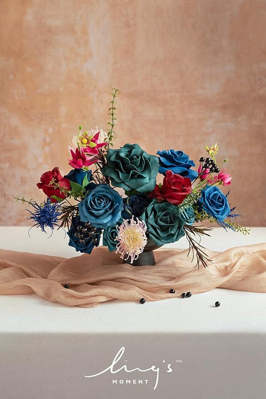Ling's moment Fake Flowers Box, Foam Roses Artificial Fern Berry Faux Greenery Stems for Wedding Bouquets Centerpieces Table Decorations Floral Arrangement, Navy Blue & Pink, Deluxe Combo