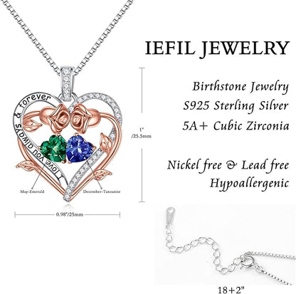 Iefil Rose Heart Double Birthstone Necklace Gifts for Wife Her Mom Women, Birthstone Jewelry Gemstone Birthday Gifts for Girlfriend Grandma Her Wife Women