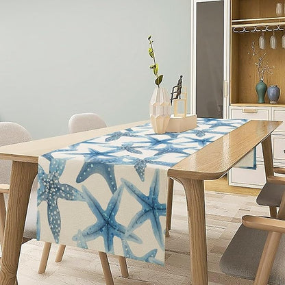 Starfish Plaid Table Flag Green Plaid and Marine Life Starfish Kitchen Table Flag Suitable for Birthday Party Restaurant Decoration Outdoor Picnic 13 * 108 Inch