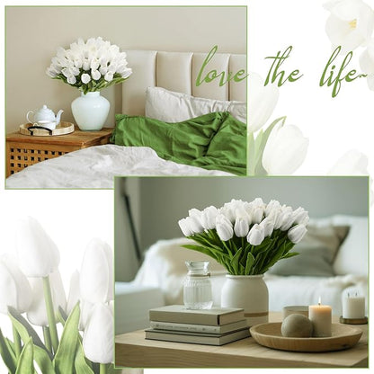 Janinka 75pcs Artificial Tulip Flowers Fake PU Tulips Faux Latex Bouquet Flower Centerpieces Arrangement Floral for Mother Day Wedding Spring Decorations (White)