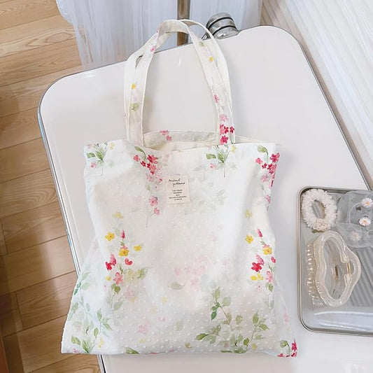 Cotton Canvas Tote Bag Reusable Soft Grocery Cloth Bag Floral Shoulder Bag for Beach Travel Shopping