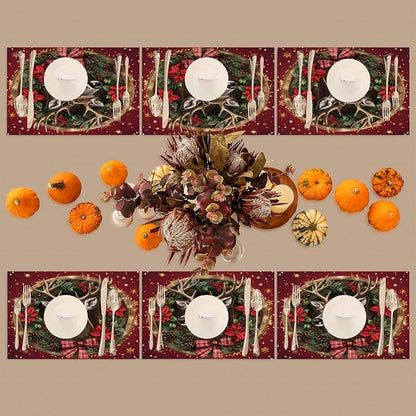 Xmas Christmas Reindeer Poinsettia Red Placemats Set of 6 PVC Vinyl Non Slip Table Mats Heat Resistant Place Mats Washable Wipeable Dining Table Mat for Kitchen Party Indoor Outdoor Decorative Gift