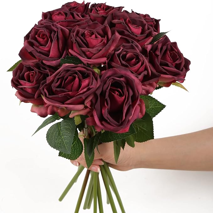 IPOPU Burgundy Roses Artificial Flowers 12PCS Roses Flowers Heads Dried Silk Flowers Burgundy Flowers Artificial for Decorations with Single Stems for Floral Arrangements Wedding Flower