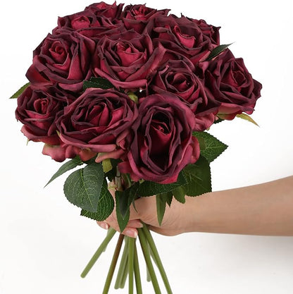 IPOPU Burgundy Roses Artificial Flowers 12PCS Roses Flowers Heads Dried Silk Flowers Burgundy Flowers Artificial for Decorations with Single Stems for Floral Arrangements Wedding Flower