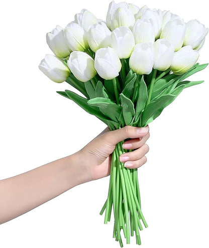 SITUMEIZI 15pcs Green Tulips Fake Artificial Flowers Real Touch 14" Silk Flower for Home Decor Spring Easter Wedding Bouquet Decorations Floral Arrangements(Green)