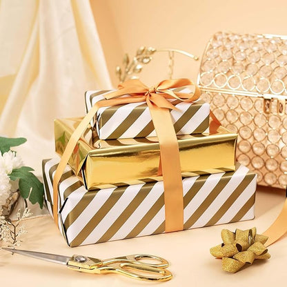 Merture Reversible Gold Wrapping Paper Roll - 17 In X 32.8 Ft(46.5 sq.ft.) Metallic Gold and Stripe Design Gift Wrap for Christmas, Wedding, Birthday, Valentines Day, Mothers Day, Baby Shower