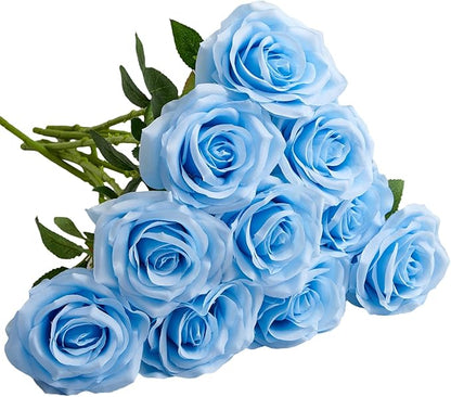 Artificial Rose 10pcs Open Flower Bouquet Faux Rose Stems for Wedding Arrangement, Bridal Bouquet, Centerpiece, Fake Faux Silk Flowers (Blue)
