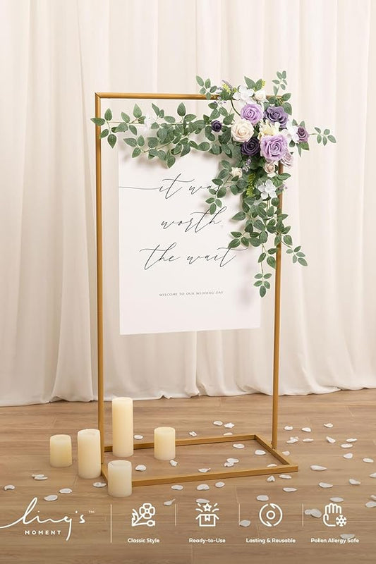 Ling's moment Wedding Artificial Welcome Sign Flowers Swag Arch Floral Garland Decorations Lilac Gold for Ceremony Reception Entrance Entryway Party Banquets Easel Wall Home Outdoor(NOT Include Sign)