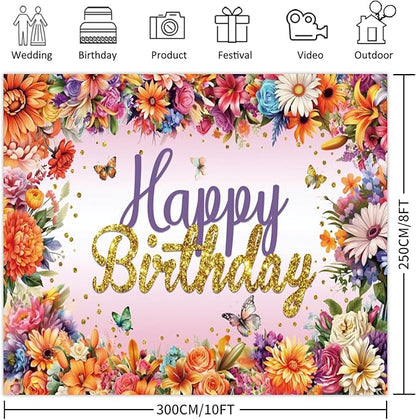 Colorful Flowers and Butterflies Birthday Backdrop, 10x8ft, Polyester Fabric, Deal for Photo Shoots, Celebrations, and Decor, Perfect for Birthday Party Decoration and Event Photography