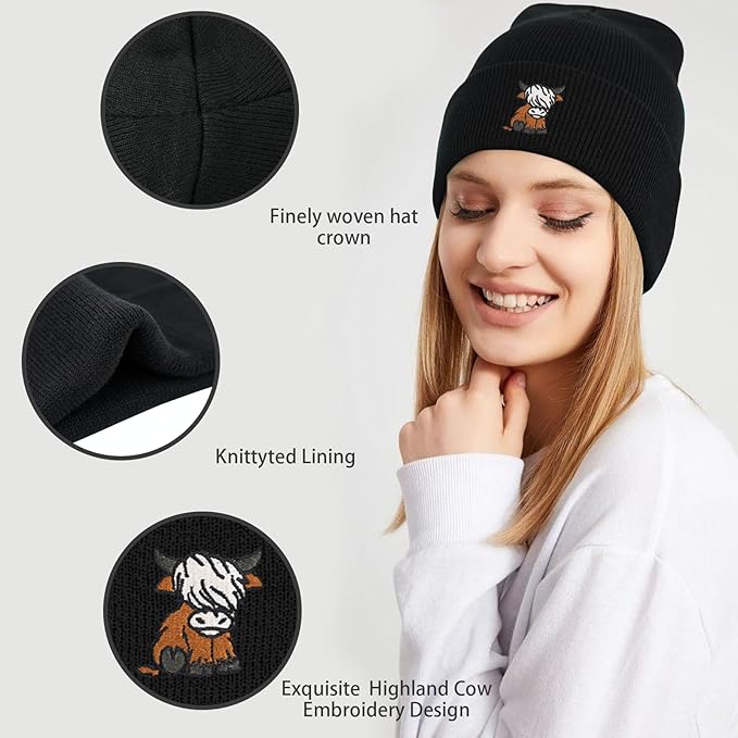 Scottish Highland Cow Beanie Hat, Cute Funny Cow Embroidery Winter Knit Skull Cap for Adult Men Women
