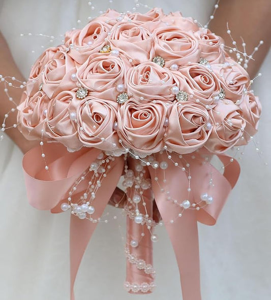 Bridal Wedding Bouquet Round Bling Brooch Bouquet Throw Toss Artificial Rose Flower Bunch for Bride Bridesmaid Wedding Quinceanera(Peach Pink, 7.5")